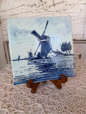 Blue Delft-Style Windmill Decorative Tile